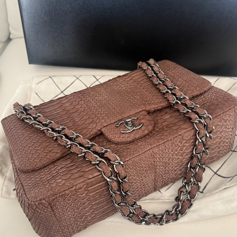 AUTHENTIC CHANEL 11A EXOTIC PYTHON JUMBO CLASSIC DOUBLE FLAP BAG BROWN - Picture 11 of 13